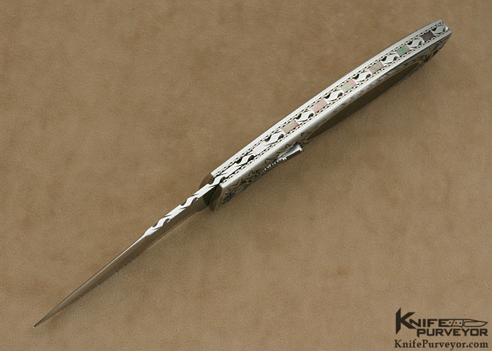 Jerry Corbit Custom Knife Black Lip Tahitian Pearl Automatic Linerlock Engraved by Ed and Tanya Van Hoy - Image 4
