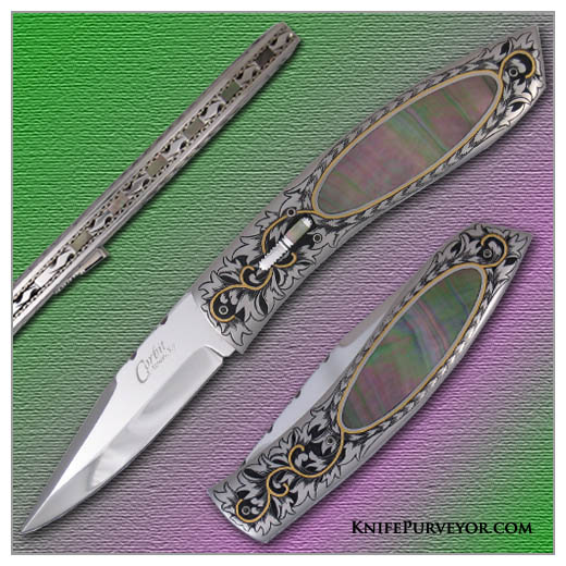 Jerry Corbit's Custom Knife: Blacklip Pearl Automatic Linerlock Engraved by Ed and Tanya Van Hoy