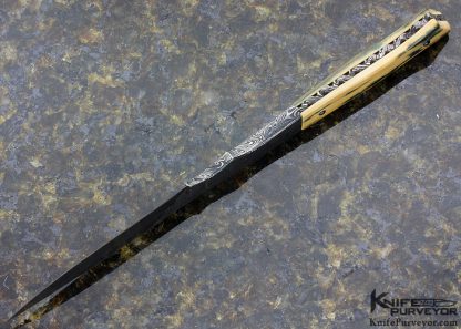 Jerry Rados Custom KnifeBlue & Cream Mammoth & Sole Authorship "Turkish Twist" Damascus Bird & Trout Knife with Bob Schrap Sheath - Image 5