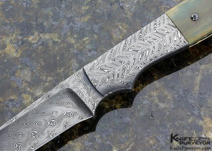 Jerry Rados Custom KnifeBlue & Cream Mammoth & Sole Authorship "Turkish Twist" Damascus Bird & Trout Knife with Bob Schrap Sheath - Image 2