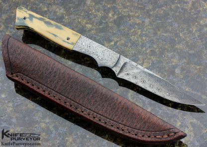 Jerry Rados Custom KnifeBlue & Cream Mammoth & Sole Authorship "Turkish Twist" Damascus Bird & Trout Knife with Bob Schrap Sheath - Image 3