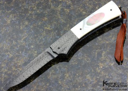 Jerry Rados Custom Knife Sole Authorship "Turkish Twist" Damascus Mother of Pearl Shell with Black Lip Pearl Escutcheon (Left Handed) Scale Release Automatic
