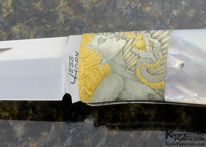 Martin Butler Engraved Jess Horn Custom Knife Mother of Pearl Lockback - Image 3