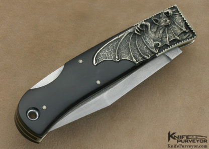 Jess Horn Custom Knife Gary Blanchard Engraved "Bat" Damascus Lockback - Image 3