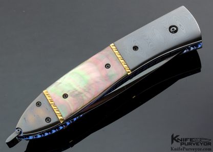 Jim Minnick Custom Knife Blued Damascus Automatic with Black Lip Pearl and Filed Gold - Image 3