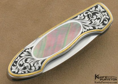 Jim Martin Custom Knives Jon Robyn Engraved Blacklip Tahitian Pearl Shell Interframe Lockback - Image 3