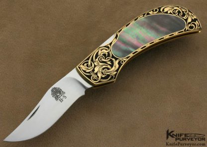 Jim Martin Custom Knife Tim George Engraved 18 Kt Gold and Black Lip Tahitian Pearl Shell Interframe Front Lock Folder