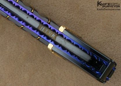 Jim and Joyce Minnick Custom Knife Blued Damascus with 24Kt Gold Inlaid Blued Steel Bolsters and Fluted Black Lip Tahitian Pearl Shell Drop Point Linerlock - Image 9