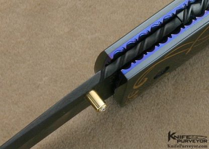 Jim and Joyce Minnick Custom Knife Blued Damascus with 24Kt Gold Inlaid Blued Steel Bolsters and Fluted Black Lip Tahitian Pearl Shell Drop Point Linerlock - Image 7