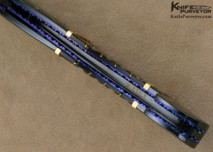 Jim and Joyce Minnick Custom Knife Blued Damascus with 24Kt Gold Inlaid Blued Steel Bolsters and Fluted Black Lip Tahitian Pearl Shell Persian Linerlock - Image 8