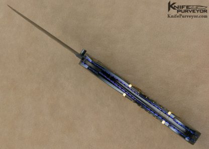 Jim and Joyce Minnick Custom Knife Blued Damascus with 24Kt Gold Inlaid Blued Steel Bolsters and Fluted Black Lip Tahitian Pearl Shell Persian Linerlock - Image 7