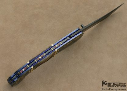 Jim and Joyce Minnick Custom Knife Blued Damascus with 24Kt Gold Inlaid Blued Steel Bolsters and Fluted Black Lip Tahitian Pearl Shell Persian Linerlock - Image 5