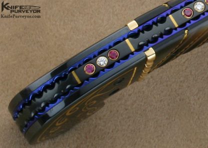 Jim and Joyce Minnick Custom Knife Blued Damascus with 24Kt Gold Inlaid Blued Steel Bolsters and Fluted Black Lip Tahitian Pearl Shell Persian Linerlock - Image 6