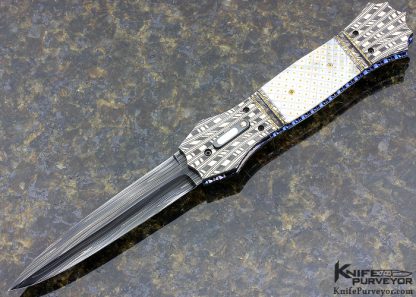 Jim Minnick Custom Knife Robert Eggerling Mosaic Damascus & Piqued Mother of Pearl Shell with Gold Pins Linerlock Automatic 8214 Open