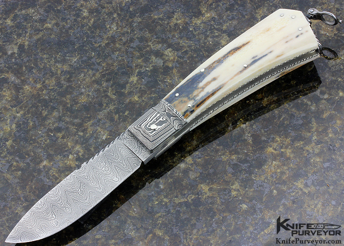 Jim Schmidt Custom Knife Sole Authorship Damascus & Crown Stag Lockback  Folder Signed (Schmidt 7/1/81 Grendell #24) - Knife Purveyor