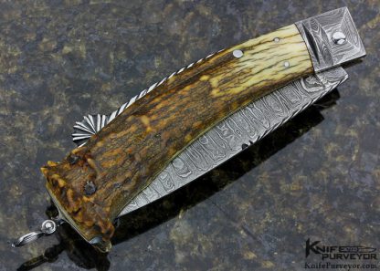 Jim Schmidt Custom Knife Sole Authorship Damascus & Crown Stag Lockback Folder Signed (Schmidt 7/1/81 "Grendell" #24) - Image 3