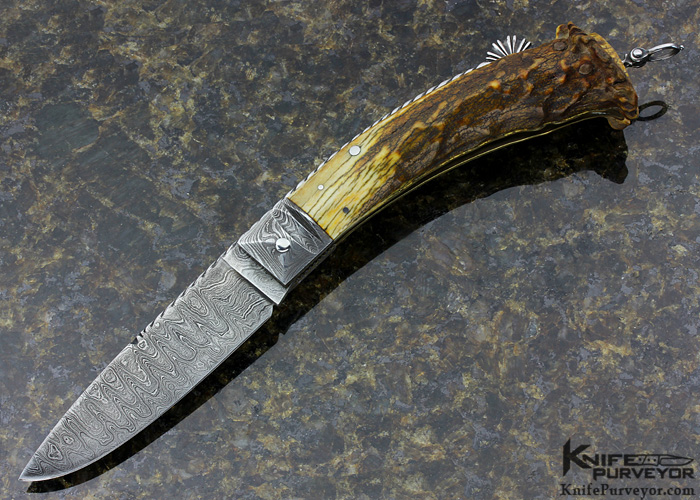 Jim Schmidt Custom Knife Sole Authorship Damascus & Crown Stag Lockback  Folder Signed (Schmidt 7/1/81 Grendell #24) - Knife Purveyor