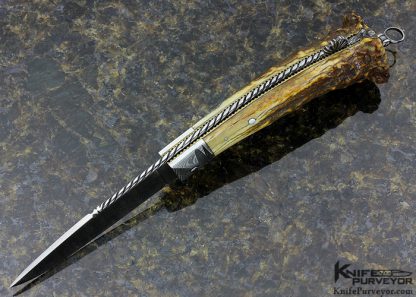 Jim Schmidt Custom Knife Sole Authorship Damascus & Crown Stag Lockback Folder Signed (Schmidt 7/1/81 "Grendell" #24) - Image 4