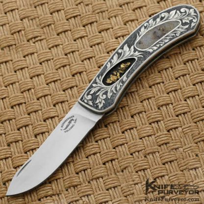 Jim Sornberger Custom Knife Sole Authorship Engraved Lockback with Gold Quartz and Gold Nuggets