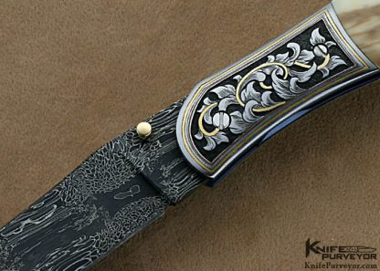 Jody Muller Custom Knives Sole Authorship Engraved Damascus & Walrus Ivory Liner Lock - Image 2