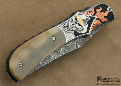 Jody Muller Custom Knife Sole Authorship Engraved Damascus & Fossilized Walrus Ivory Liner Lock - Image 3