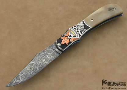 Jody Muller Custom Knife Sole Authorship Engraved Damascus & Fossilized Walrus Ivory Liner Lock