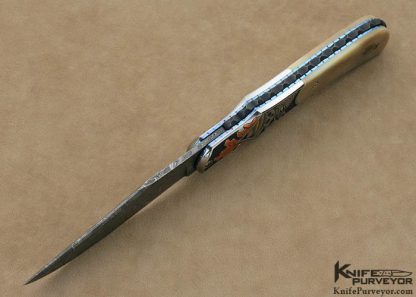 Jody Muller Custom Knife Sole Authorship Engraved Damascus & Fossilized Walrus Ivory Liner Lock - Image 4