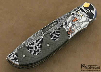 Jody Muller Custom Knife Sole Authorship Damascus & Engraved "Werewolf" Pocket Lock - Image 3