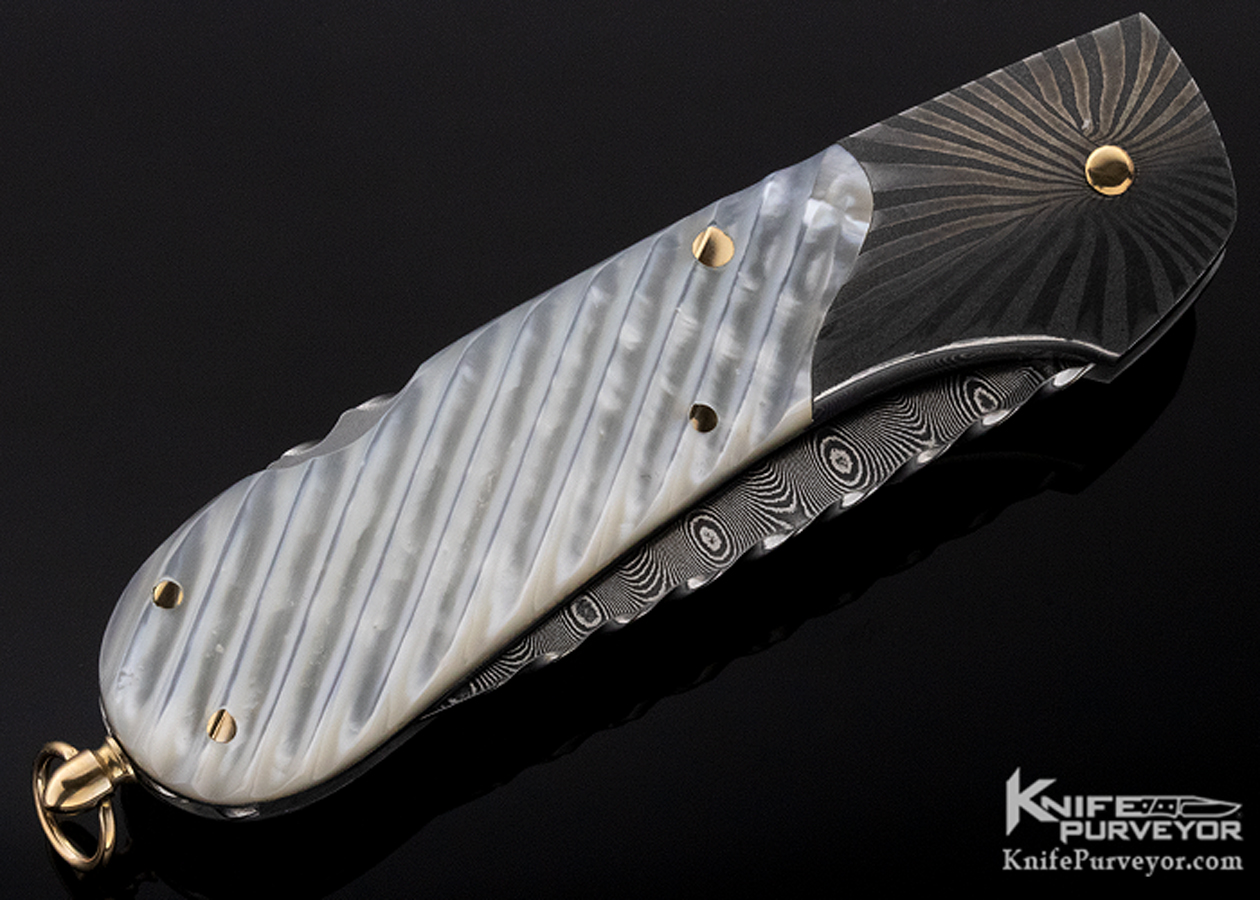 Joe Kious Custom Knife Devin Thomas Damascus and Fluted Mother of Pearl Lockback with 14Kt Gold Bale - Image 6