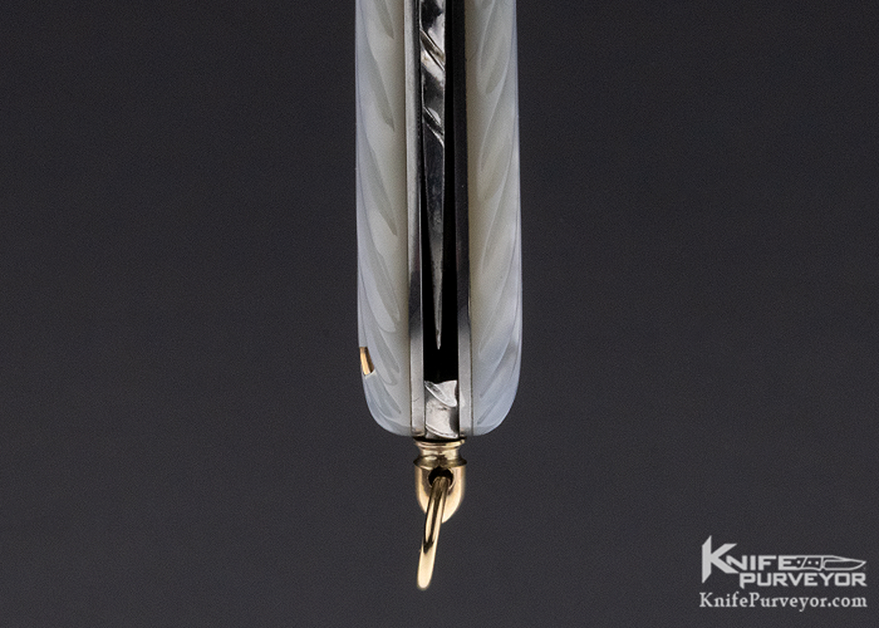Joe Kious Custom Knife Devin Thomas Damascus and Fluted Mother of Pearl Lockback with 14Kt Gold Bale - Image 5