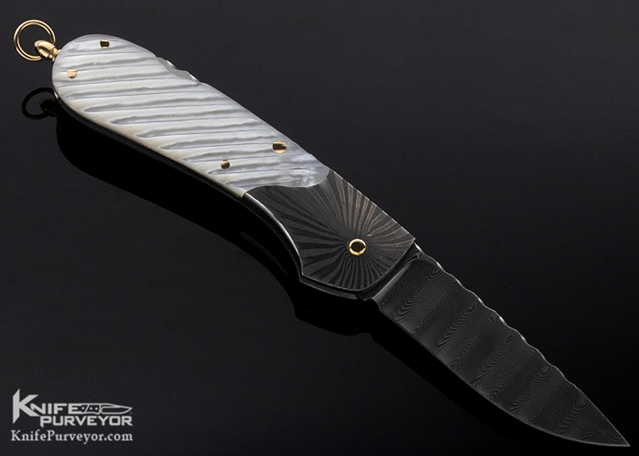 Joe Kious Custom Knife Devin Thomas Damascus and Fluted Mother of Pearl Lockback with 14Kt Gold Bale - Image 3