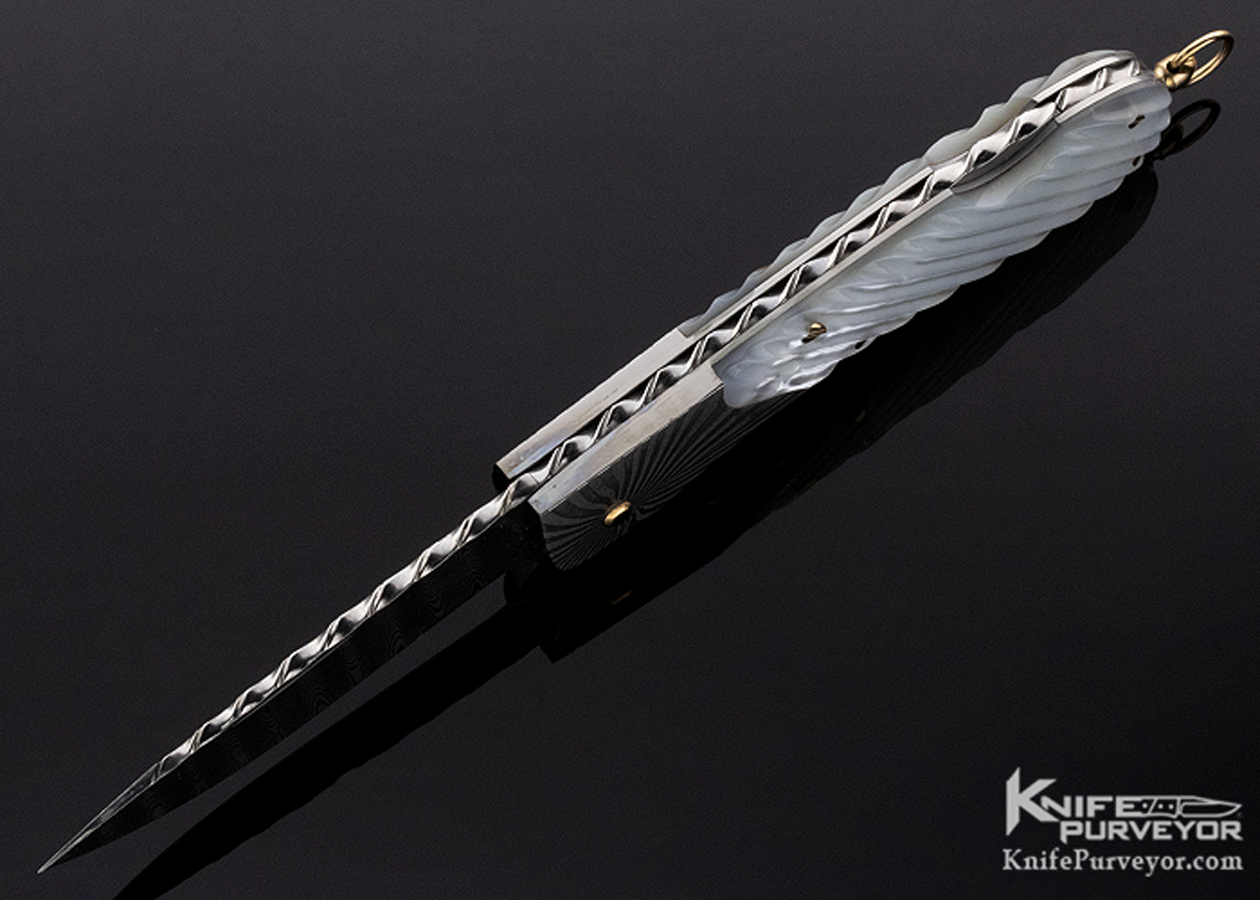 Joe Kious Custom Knife Devin Thomas Damascus and Fluted Mother of Pearl Lockback with 14Kt Gold Bale - Image 7