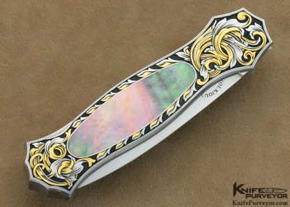 Joe Kious Custom Knife Black Lip Tahitian Pearl Shell Interframe Lockback Dagger Engraved by Tim George - Image 3