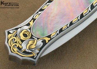 Joe Kious Custom Knife Black Lip Tahitian Pearl Shell Interframe Lockback Dagger Engraved by Tim George - Image 4
