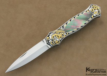 Joe Kious Custom Knife Black Lip Tahitian Pearl Shell Interframe Lockback Dagger Engraved by Tim George
