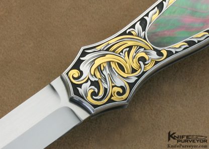 Joe Kious Custom Knife Black Lip Tahitian Pearl Shell Interframe Lockback Dagger Engraved by Tim George - Image 2
