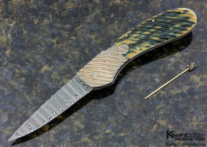 Joe Kious Custom Knife Mike Norris Damascus, Fluted , Pendray Mokume Mike Norris Stainless Damascus Blade & 14kt Gold Toothpick and Pins