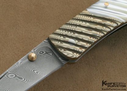 Joe Kious Custom Knife Damascus, Fluted Pearl & Mokume Lockback - Image 2