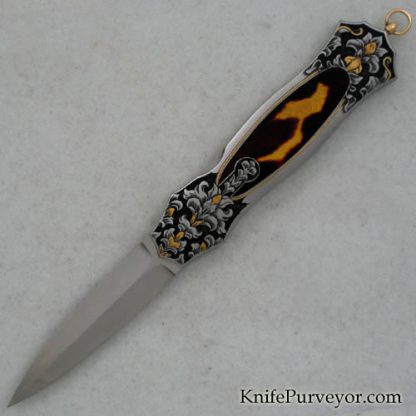 Joe Kious Custom Knife: Jody Muller Engraved Antique Tortoise Shell Automatic Dagger