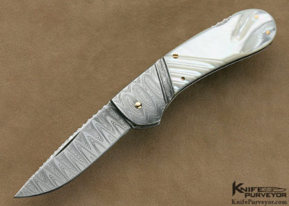 Joe Kious Custom Knives Fluted Mother of Pearl Shell & Damascus Lockback