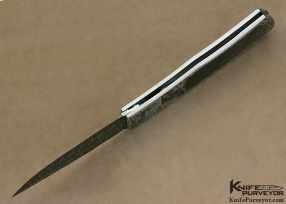 Joe Kious Custom Knife Damascus & Black Lip Tahitian Pearl Shell Interframe Automatic Lockback Engraved by Ray Cover Jr.  "Jason & The Argonauts" - Image 6