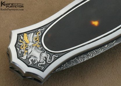 Joe Kious Custom Knife Rick Eaton Engraved Exotic Material Interframe Lockback Dagger with Mike Norris Stainless Steel Damasus Blade - Image 5
