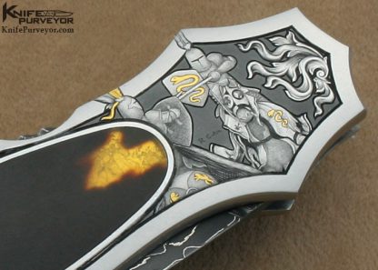 Joe Kious Custom Knife Rick Eaton Engraved Exotic Material Interframe Lockback Dagger with Mike Norris Stainless Steel Damasus Blade - Image 4