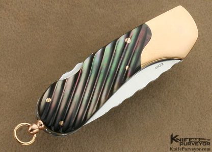 Joe Kious Custom Knife 14 Kt Rose Gold and Fluted Black Lip Tahitian Pearl Shell Lockback with 14 Kt Rose Gold Bale - Image 2