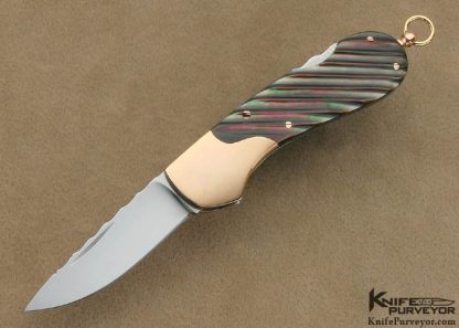 Joe Kious Custom Knife 14 Kt Rose Gold and Fluted Black Lip Tahitian Pearl Shell Lockback with 14 Kt Rose Gold Bale