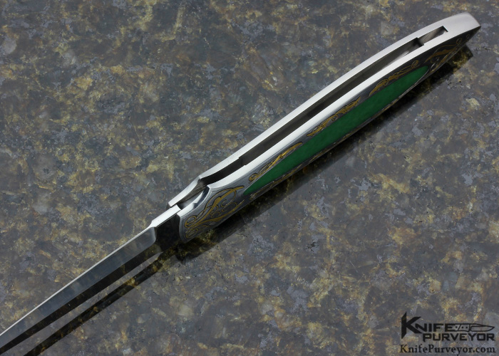 Rick Genovese Custom Knife Engraved by Joe Mason Jade Interframe "Sleek Dagger" Lockback with 24Kt Gold inlays - Image 5