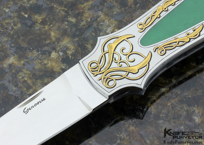 Rick Genovese Custom Knife Engraved by Joe Mason Jade Interframe "Sleek Dagger" Lockback with 24Kt Gold inlays - Image 2