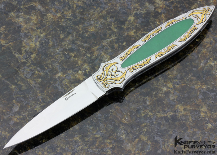 Rick Genovese Custom Knife Engraved by Joe Mason Jade Interframe "Sleek Dagger" Lockback with 24Kt Gold inlays