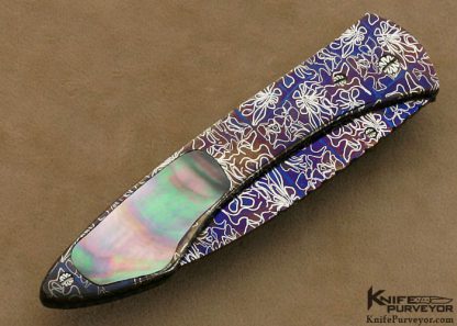 Joe Olson Custom Knives Sole Authorship Blued Mosaic Damascus Linerlock with Blacklip Tahitian Pearl Shell - Image 3