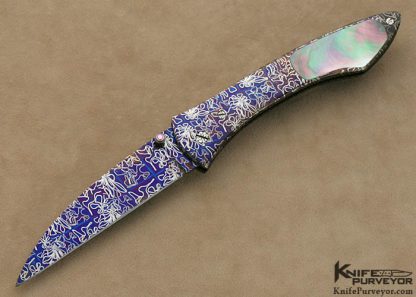Joe Olson Custom Knives Sole Authorship Blued Mosaic Damascus Linerlock with Blacklip Tahitian Pearl Shell
